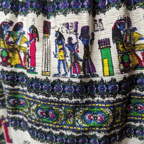 Vtg 1960s Miss Egypt Ivory Blue Colorful Egyptian Printed Barkcloth Maxi Skirt M Size M