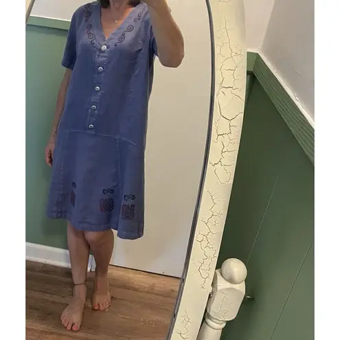 Vintage Blue Cactus Linen Dress Made in USA Boho Painted Print Drop Waist M/L Purple Size M