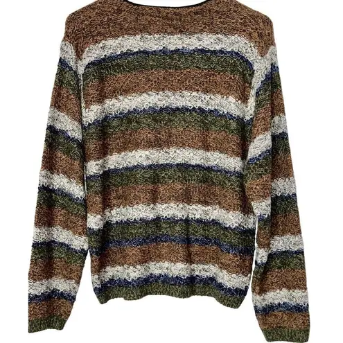 Vintage Hand Knit Open Front Cardigan Sweater With Zipper Detailing + Stripes Brown Size M