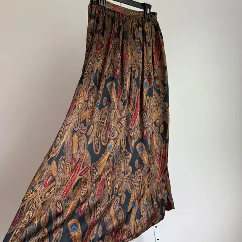 Linda Allard Ellen Tracy *Rare 100% Silk Maxi Skirt Feather Print Vintage Size 4 Black