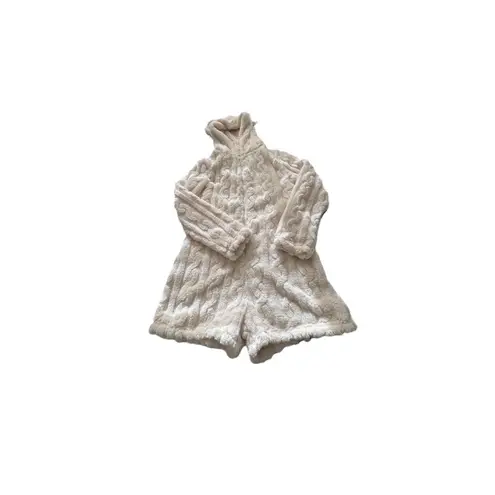 Cozy Fuzzy Hooded Romper with Bear Ears – Cream Cable Knit Plush One