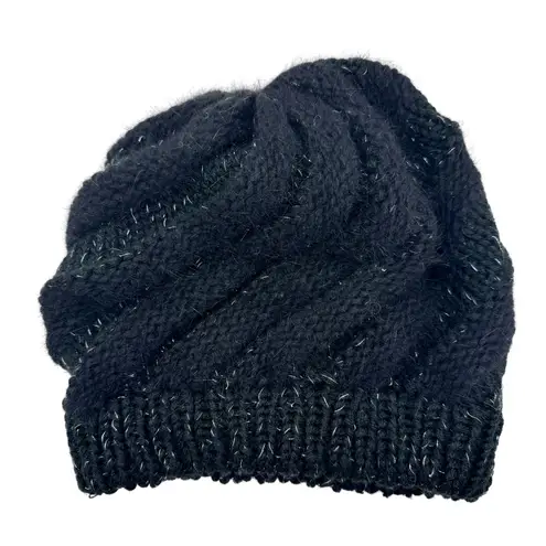 Parkhurst Knit Beanie Hat Black Angora Blend Sparkle Accents Winter Warm
