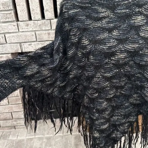 Frazzle Women's Eyelash Knit With Sleeve Fringe Poncho Sweater Black Blue Medium