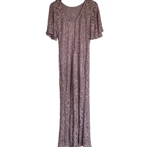 NWT Marina Round Neck Short Flutter Sleeve Sequin Lace Column Gown Wedding Guest Pink Size 8