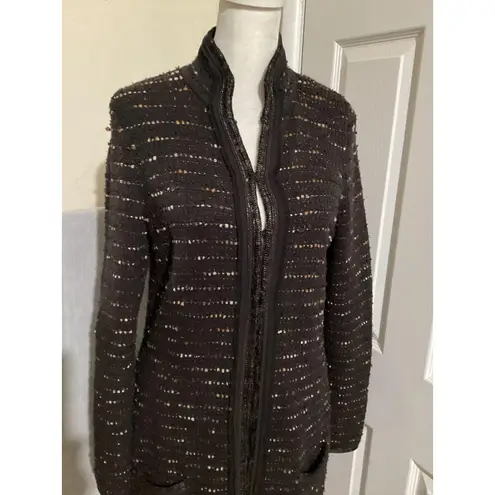 Tahari Elie Sweater Womens Small Brown Cardigan Jacket Boucle Tweed Wool Blend