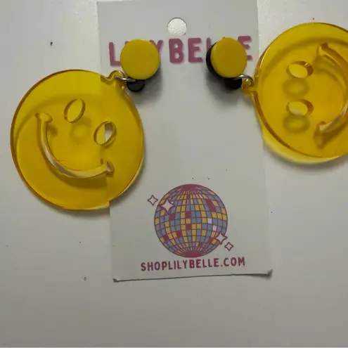 Lily Belle Earrings Smily Faces Hanging Pierced Acrylic Bold Fun Yellow Large