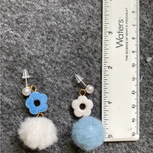 Blue and White Flower Pom Pom Earrings