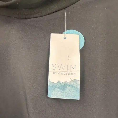 Cacique NWT Swim Black Long Sleeve Rash Guard Tropical Print UPF 50+ Size 24