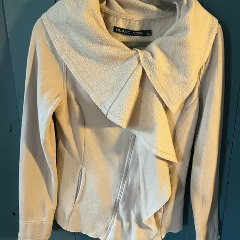Blanc Noir Taupe Beige Asymmetric Ruffle Zip Up Soft Cozy Fleece Biker Jacket S