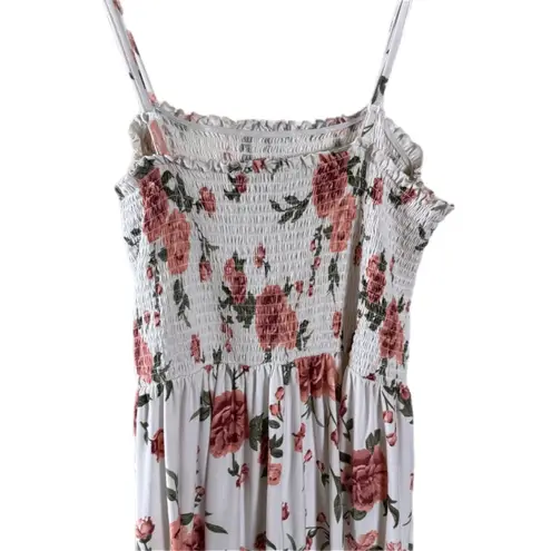 White Pink Floral High Low Maxi Dress Smocked Bust Lightweight Flowy XL Romantic