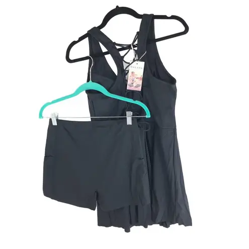 Halara Cloudful Air V Neck Crisscross Lace Up 2-Piece Pocket Mini Dress Black XL