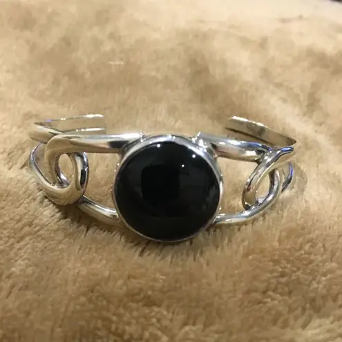 Onyx TAXCO Black Cabochon and Split Shank Sterling Silver Cuff Bangle