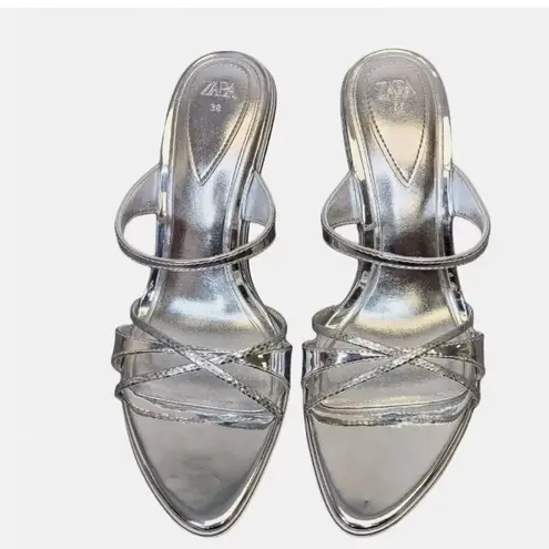 ZARA NWT  Metallic Silver Strappy High Heel Sandals 3355/110 EU 41 US 10