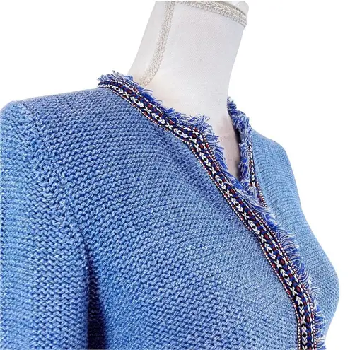 J. McLaughlin  Sweater Medium Womens Blue Knit Fringe Trim Cardigan Jacket