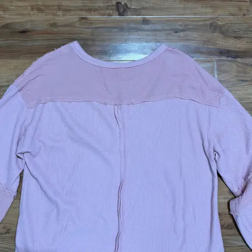 Waffle Knit Top Raw Edge Pocket Long Sleeve Pullover Comfy Casual Pink L Size L