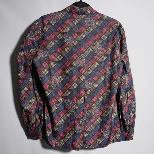 VTG 70s 80s Disco Secretary Geeky Shirt Checker Patch Rose Button Up Womens 12