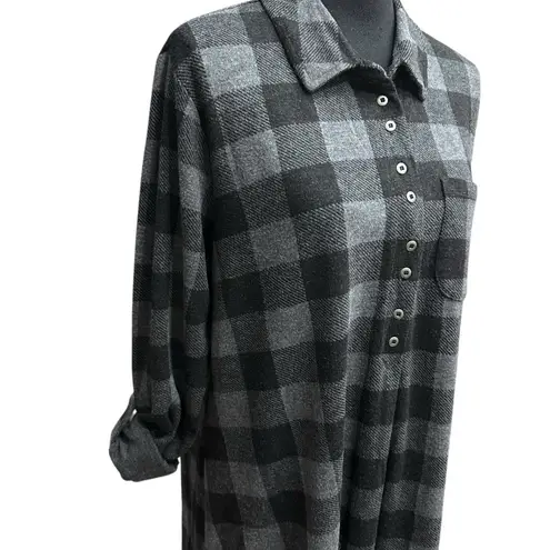 Soft Surroundings Mad About Plaid Tunic Size L Gray Buffalo Flannel Roll Tab Top