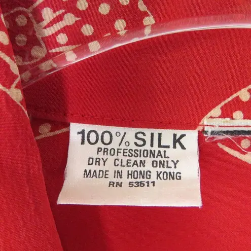 1980s Vintage Red Silk Button Down Collared Blouse with Polka Dot Bows Small