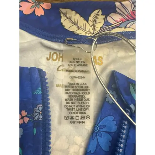 Johnny Was XL Blue Dove Surf Shirt Floral Swim Rash Guard Short Sleeve $178 NWT