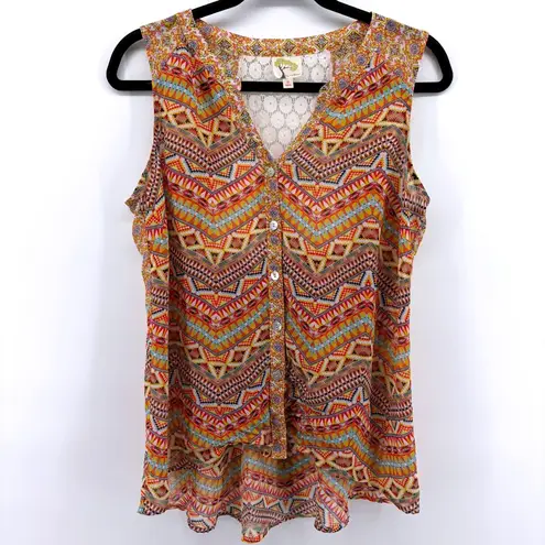 Anthropologie Fig & Flower Geometric Print Lace Back Sleeveless Button Top Small Orange