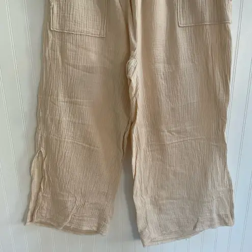 MELISSA NEPTON Summer Pant Pull On Wide Leg Waffle Cotton in Beige Clair Size L Tan Size L