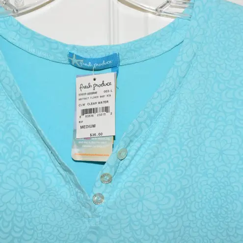 Fresh Produce NWT ABSTRACT FLOWER BABY RIB, CLEAR WATER AQUA TOP, SIZE MEDIUM