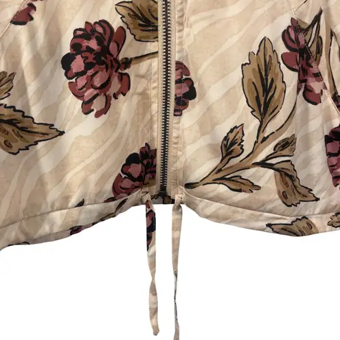 Saltwater Luxe Floral Print Bomber Jacket Women's S Beige Pink Zip Up Drawstring