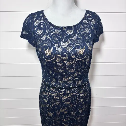 JACKIE JON Couture Navy & Nude Lace & Sequin Midi Dress Embellished Waistline 4 Blue