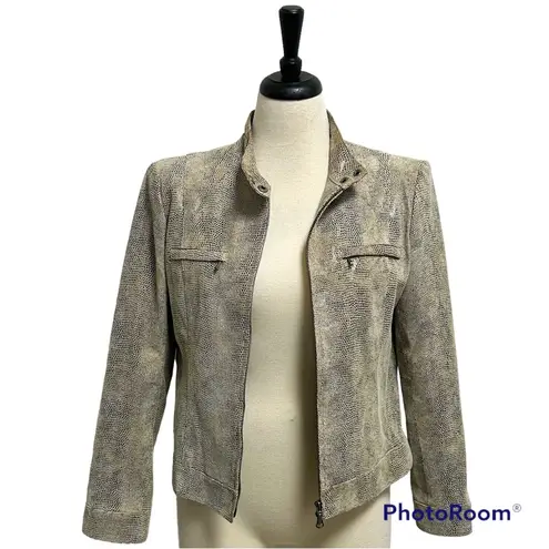 Alfani Beige Brown Gray Suede Leather Snake Pattern Zip Up Leather Jacket Medium