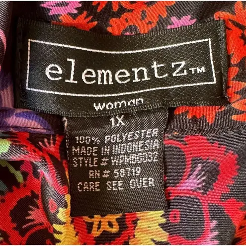 Elementz VTG  Blouse Woman 1X Black Floral Shirt Button Short Sleeves Psychedelic