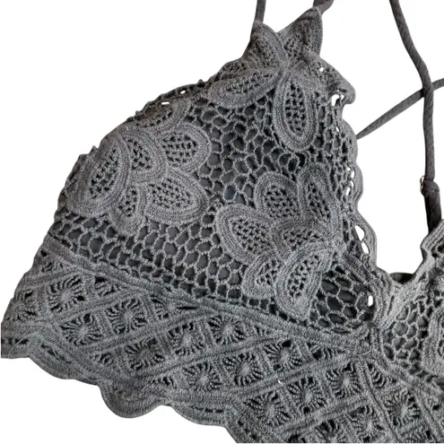 Lace Crochet Longline Bralette Crop Dark Gray Boho Floral Neutral Summer Size S