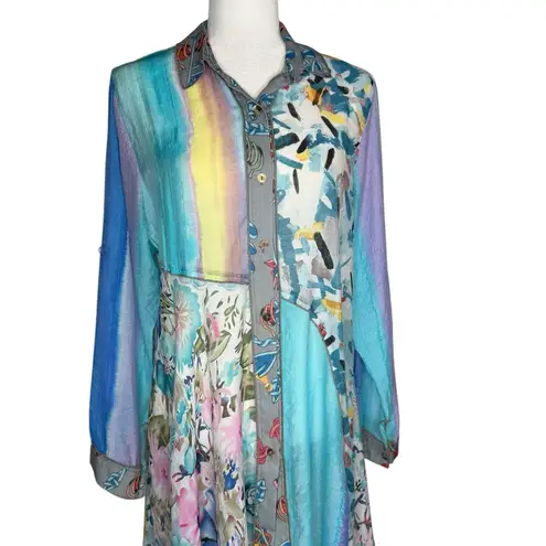 Fleur de Lis Anthropologie Asymmetric Tunic Dress Roll Tab Sleeve L Sheer Flowy Size L