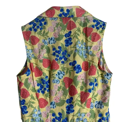 Rachel Antonoff Kitty Strawberry Fruit Print Sleeveless Collared Linen Romper 2 Yellow