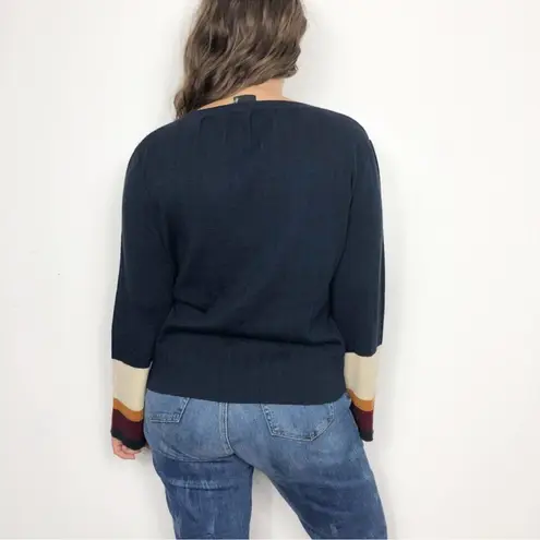 CLICHÉ Navy Wool Blend Sweater Small | Trendy Pleated Bell Sleeve Pullover Blue