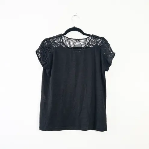 Maje Black Tralala Macramé Linen Tee Size 2 / Medium