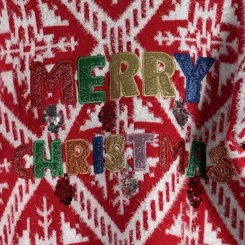 Holiday Time  Merry Christmas Sequin Logo Ugly Christmas Sweater XL Fuzzy Glitter