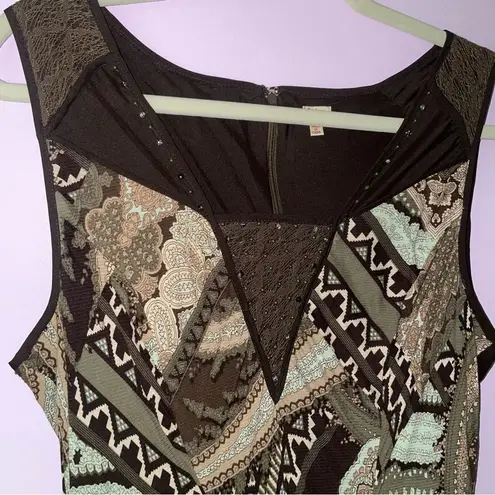 Reba Size 12 Midi Dress Brown Boho Print Sleeveless Lace Casual
