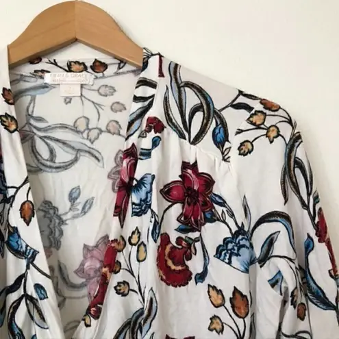 Finn & Grace FINN GRACE White Red Blue Yellow Floral Long Bell Sleeve Faux Wrap Blouse Small