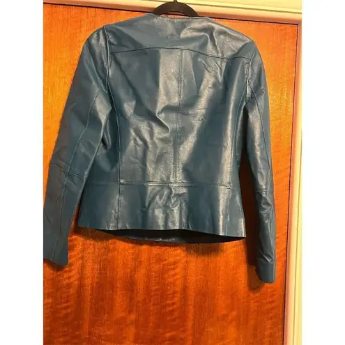 Anne Klein  Women's Leather Zip Front Jacket Dark Teal Green Size 6 Mid-Length