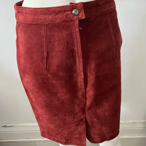 Vintage 80s crimson red suede leather straight fitted snap button pencil skirt 9 Size 10