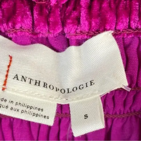 Anthropologie  Velvet Blouse Smocked Puff Sleeves Magenta