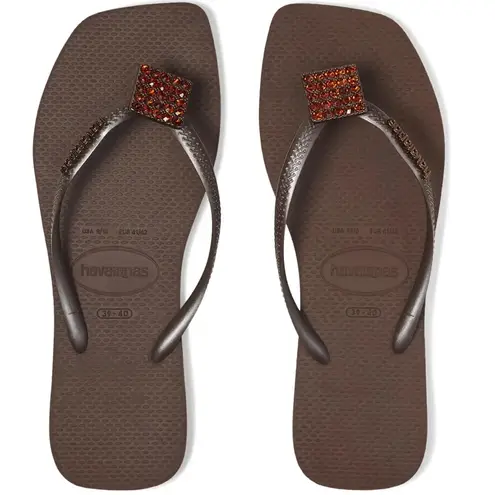 Havaianas NWOT Slim Crystal Square Elegance Flip Flops Sandals in Dark Brown