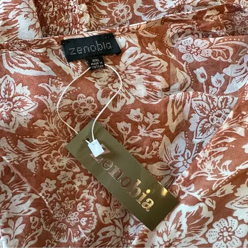 Zenobia Burnt Sienna Floral Blouse sz 2X Ruffle Cuff Tie Waist NWT Long Sleeves