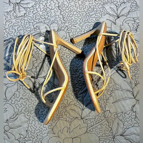 Simmi LONDON Snake Embossed Cream Square Strappy Lace Up Stiletto Heels Sz 8