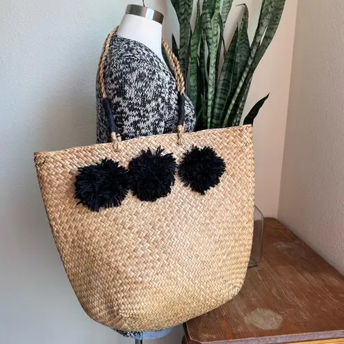 Straw Woven Tote Bag with Black Pom Poms – Boho Market Beach Purse Tan
