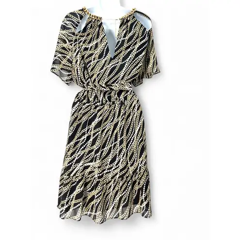 Michael Kors | S | Short Sleeve Chiffon Printed Gold Chain Detail Dress Womens Black