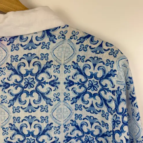 Isaac Mizrahi Isaac Mizrahi 100% Linen Medallion Tunic Top Medium Blue V-Neck Beachy Resort