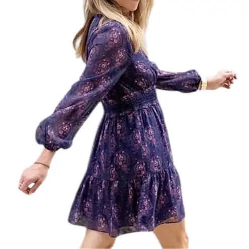 Paige  Women’s Size L Purple Blue Floral Babydoll Cottage Mini Tiered Mini Dress