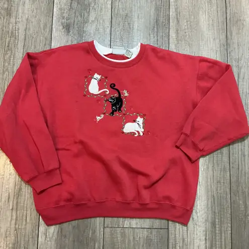 Classic Elements Vintage Cat Embroidered Crewneck Sweatshirt Red Large