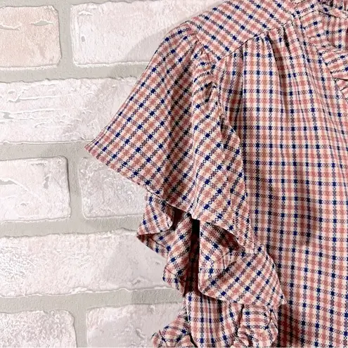 Voy Brand Clothing Paige Plaid Ruffle Short Sleeve Button Down Shirt Size S Blue